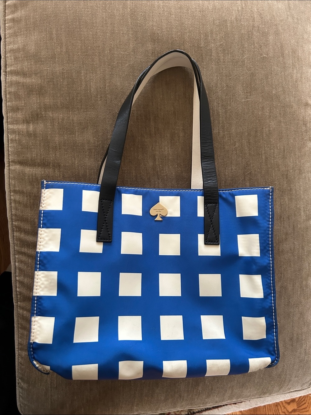 kate spade Berry Blue & White Gingham Tote with Black Handles